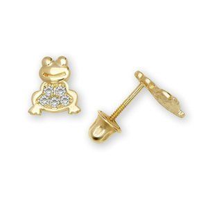 14K Solid Gold Adorable Little Frog Screw Back Studs Earrings with Stones